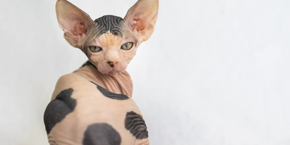 A picture of a Sphynx kitten lying down and turning back to look at the camera