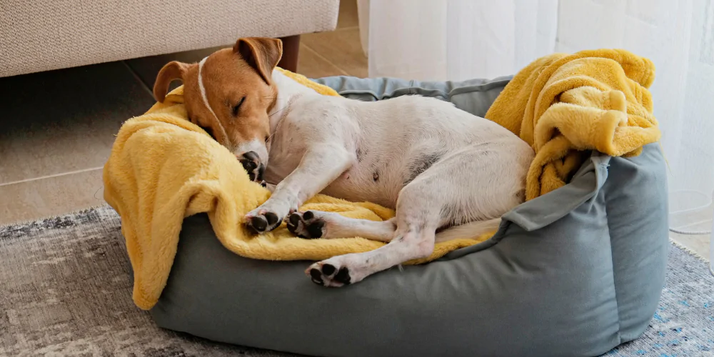 A picture of a Jack Russell Terrier settled in its bed next to the sofa