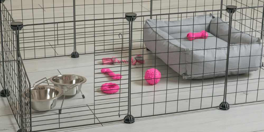 A picture of a puppy bed, toys, and bowls in a puppy crate