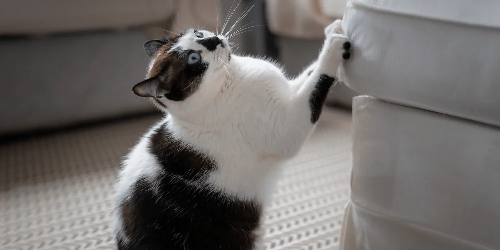 A picture of a black and white short haired cat clawing the edge of a sofa