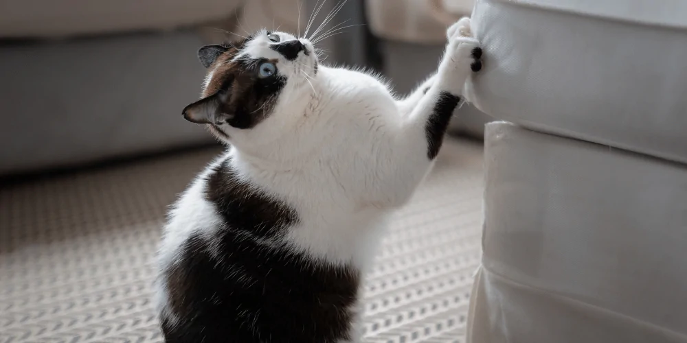 A picture of a white and black cat scratching a sofa