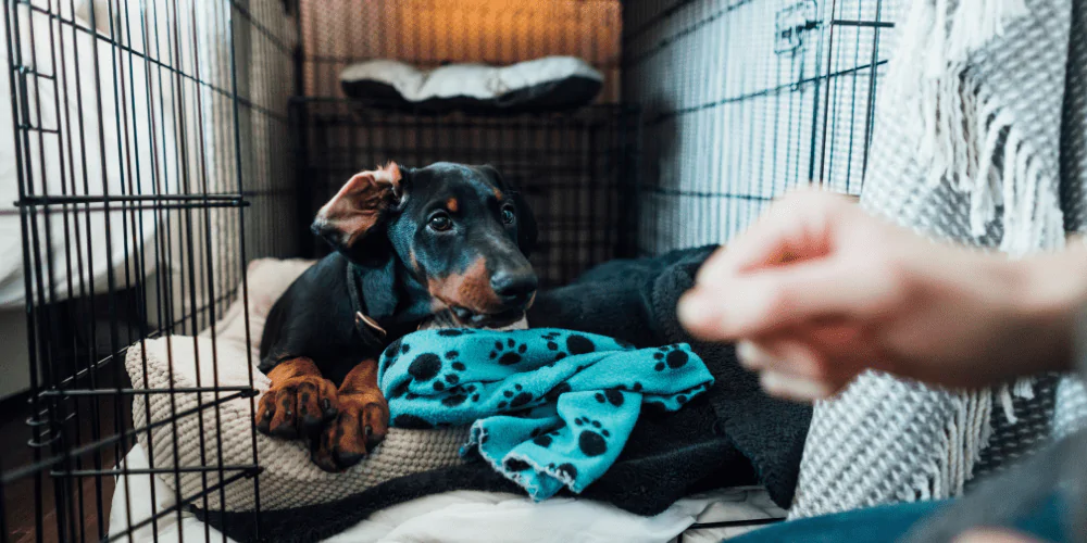 A picture of a Dachshund puppy in their crate